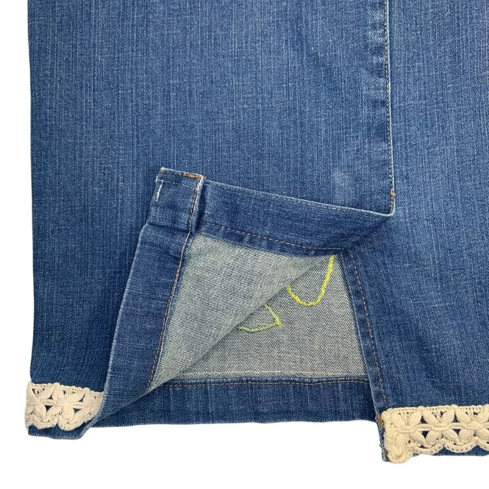 Sonoma Denim Pencil Jean Skirt Flower Applique Boho Crochet Trim Womens 8